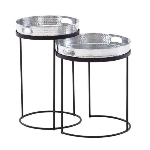 Beistelltisch 2er Set Silber / Schwarz Metall Hammerschlag Satztisch Rund | Couchtisch abnehmbares Tablett | Tabletttisch Sofa 2 teilig Modern | Runder Sofatisch