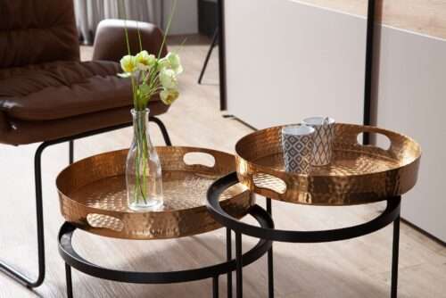 Couchtisch 2er Set Gold / Schwarz Metall Hammerschlag Satztisch Rund Sofatisch abnehmbares Tablett – Bild 7