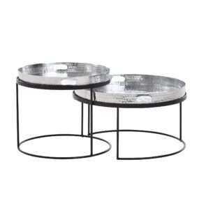 Couchtisch 2er Set Silber / Schwarz Metall Hammerschlag Satztisch Rund | Sofatisch abnehmbares Tablett | Tabletttisch Sofa 2 teilig Modern | Runder Beistelltisch