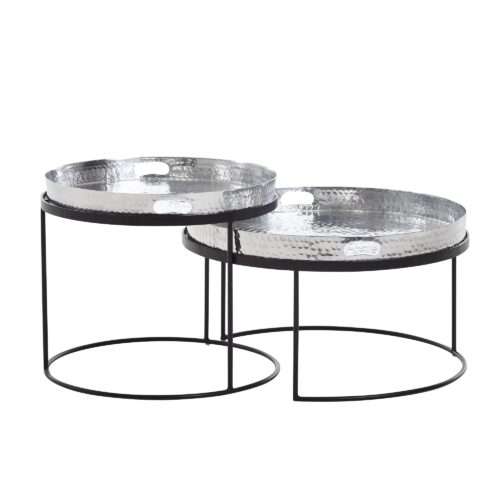 Couchtisch 2er Set Silber / Schwarz Metall Hammerschlag Satztisch Rund | Sofatisch abnehmbares Tablett | Tabletttisch Sofa 2 teilig Modern | Runder Beistelltisch