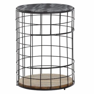 Beistelltisch 38x38x50 cm Echter Marmor Sofatisch Holz / Metall Korb | Design Wohnzimmertisch Rund mit Stauraum | Couchtisch Modern Schwarz | Anstelltisch Wohnzimmer