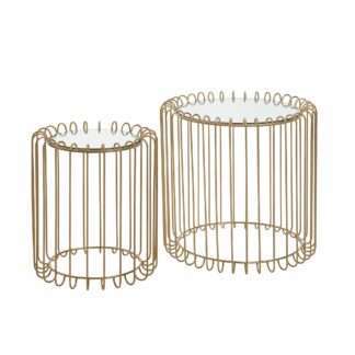 Beistelltisch 2er Set Korbtisch Gold Design Satztisch Metall / Glas Rund | Wohnzimmertisch Satztisch Modern mit Stauraum | Couchtisch Sofatisch 2-teilig abnehmbare Tischplatte