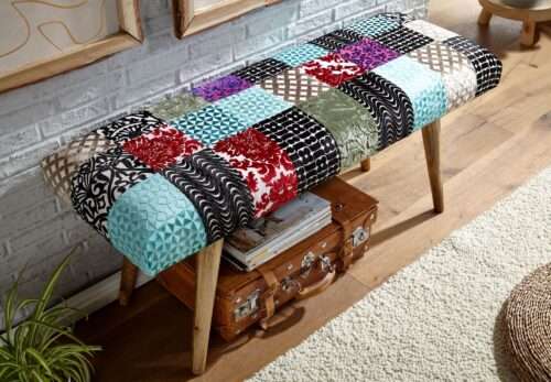 Sitzbank Samt / Massivholz Bank Bunt 117x51x38 cm Bettbank Patchwork – Bild 5