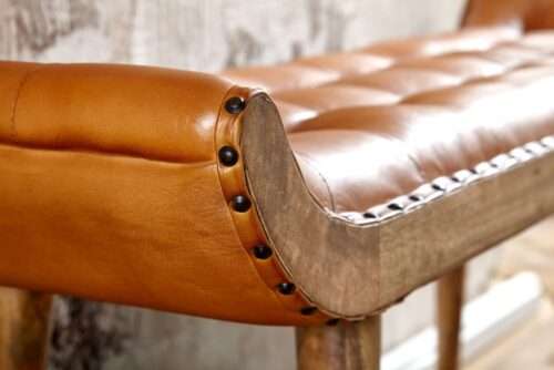Sitzbank Echtleder / Massivholz Bank Braun 125x50x38 cm Chesterfield Design Polsterbank – Bild 5