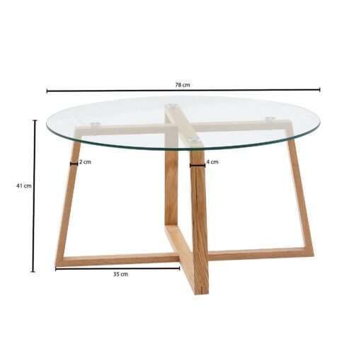 Couchtisch 78x78x41 cm Sofatisch Eiche Massivholz / Glas Rund Design Wohnzimmertisch – Bild 4
