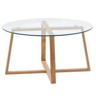 Couchtisch 78x78x41 cm Sofatisch Eiche Massivholz / Glas Rund | Design Wohnzimmertisch Modern | Holztisch Stubentisch Groß | Kaffeetisch Tisch Wohnzimmer Echtholz