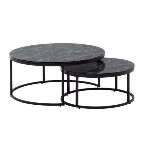 Couchtisch 2er Set Schwarz Marmor Optik Sofatisch Rund Modern | Beistelltisch 2-teilig Metall | Runde Wohnzimmertische | Design Satztische