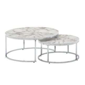 Couchtisch 2er Set Weiß Silber Marmor Optik Sofatisch Rund Modern | Beistelltisch 2-teilig Metall | Runde Wohnzimmertische | Design Satztische