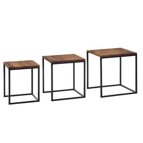 Satztisch 3er Set Sheesham Massivholz / Metall Beistelltisch Eckig Modern | Design Couchtisch 3-teilig | Wohnzimmertische Platzsparend | Holztisch Satztische Wohnzimmer