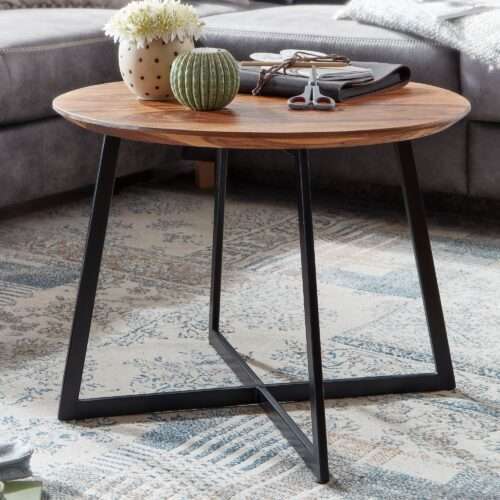 Couchtisch 60x60x45 cm Sheesham Massivholz / Metall Sofatisch Rund Design Wohnzimmertisch – Bild 2