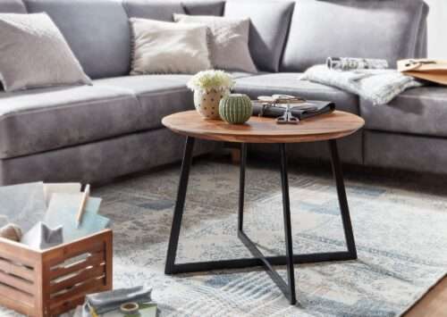 Couchtisch 60x60x45 cm Sheesham Massivholz / Metall Sofatisch Rund Design Wohnzimmertisch – Bild 3