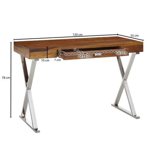 Schreibtisch 120x55x78 cm Sheesham Massivholz / Metall Chrom Design Bürotisch mit Schublade – Bild 4