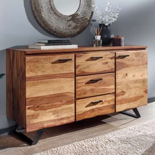 Sideboard 145x82x45 cm Sheesham Massivholz / Metall mit Baumkante Kommode mit Schubladen – Bild 2