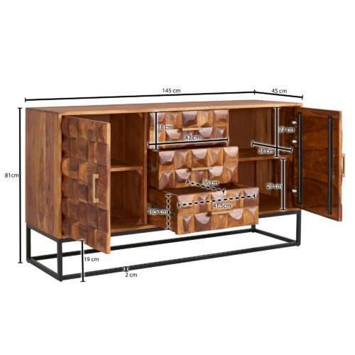 Sideboard 145x81x45 cm Sheesham Massivholz / Metall Anrichte Kommode mit zwei Türen – Bild 4