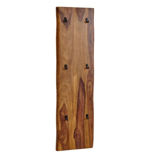 Wandgarderobe Sheesham Massivholz / Metall 40x140x7 cm mit Baumkante | Design Hakenleiste 2-Reihig Flurgarderobe Wand | Garderobe Holz