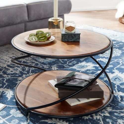 Couchtisch 58x58x35 cm Sheesham Massivholz / Metall Sofatisch Rund Design Wohnzimmertisch – Bild 2