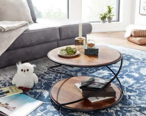 Couchtisch 58x58x35 cm Sheesham Massivholz / Metall Sofatisch Rund Design Wohnzimmertisch – Bild 3