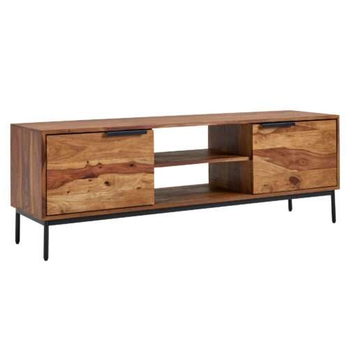 Lowboard Sheesham Massivholz 147x51x38 cm TV-Kommode mit zwei Türen | Design TV-Schrank Hoch | Fernsehtisch Fernsehschrank Modern | Fernsehkommode Wohnzimmer