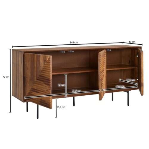 Sideboard 148x72x40 cm Sheesham Massivholz / Metall Anrichte Kommode mit drei Türen – Bild 4