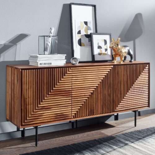 Sideboard 148x72x40 cm Sheesham Massivholz / Metall Anrichte Kommode mit drei Türen – Bild 2