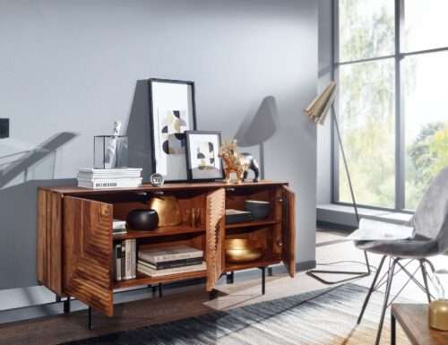 Sideboard 148x72x40 cm Sheesham Massivholz / Metall Anrichte Kommode mit drei Türen – Bild 7