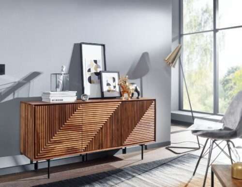 Sideboard 148x72x40 cm Sheesham Massivholz / Metall Anrichte Kommode mit drei Türen – Bild 3
