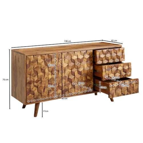 Sideboard 138x76x45 cm Sheesham Massivholz Anrichte mit Türen & Schubladen Kommode – Bild 4