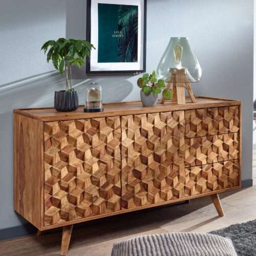 Sideboard 138x76x45 cm Sheesham Massivholz Anrichte mit Türen & Schubladen Kommode – Bild 2