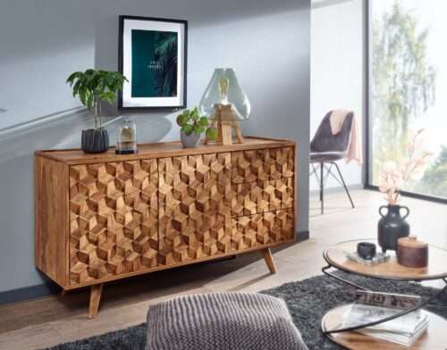Sideboard 138x76x45 cm Sheesham Massivholz Anrichte mit Türen & Schubladen Kommode – Bild 3