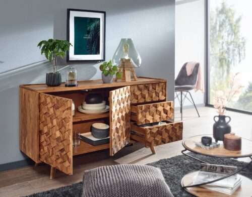 Sideboard 138x76x45 cm Sheesham Massivholz Anrichte mit Türen & Schubladen Kommode – Bild 7