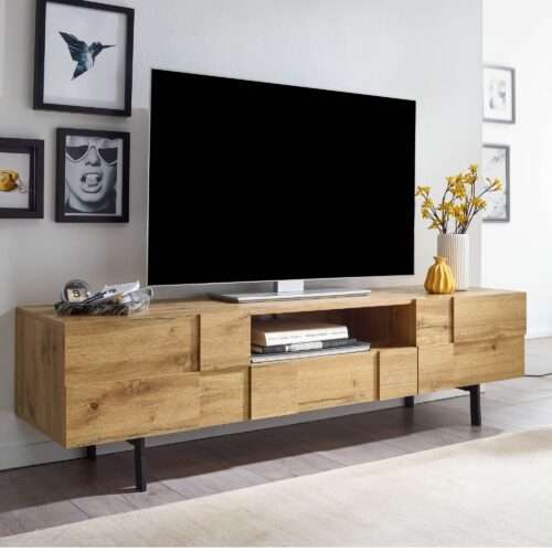 Lowboard Holz Eiche-Dekor 160x46x43 cm TV-Kommode mit zwei Türen Design TV-Schrank – Bild 2