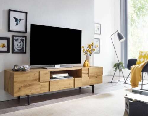 Lowboard Holz Eiche-Dekor 160x46x43 cm TV-Kommode mit zwei Türen Design TV-Schrank – Bild 3