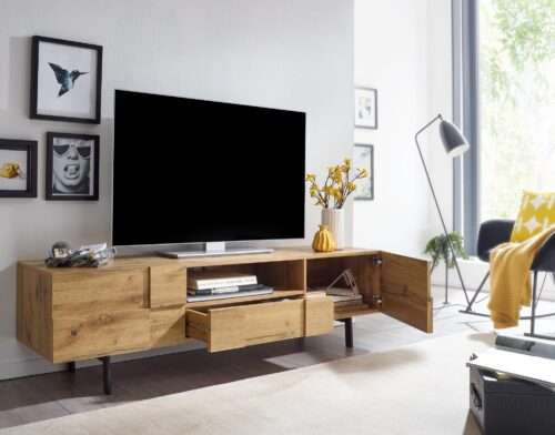 Lowboard Holz Eiche-Dekor 160x46x43 cm TV-Kommode mit zwei Türen Design TV-Schrank – Bild 7