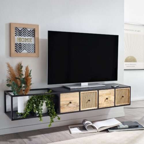 Lowboard Hängend Mango Massivholz / Metall 150x25x35 cm TV-Schrank Schwarz Design Fernsehtisch – Bild 2