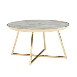 Couchtisch 76x76x41 cm Glas Sofatisch Rund mit Marmor Optik Weiß | Wohnzimmertisch Kaffeetisch mit Metall-Gestell | Großer Tisch Beistelltisch Wohnzimmer Modern
