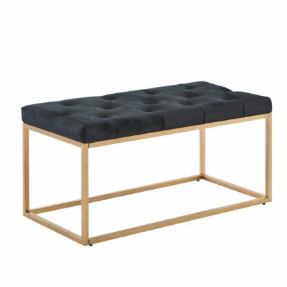 Sitzbank Samt Schwarz 90x46x44 cm Flur Polsterbank mit Metallgestell | Bettbank Schlafzimmer Chesterfield Design | Flurbank Garderobenbank Modern