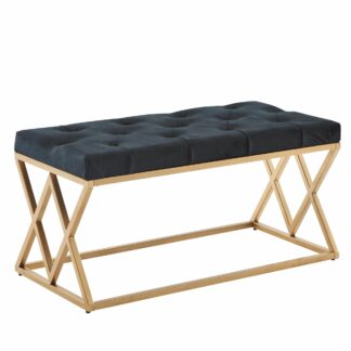 Sitzbank Samt Schwarz 90x46x44 cm Flur Polsterbank mit Metallgestell | Bettbank Schlafzimmer Chesterfield Design | Flurbank Garderobenbank Modern