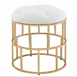Sitzhocker Samt Weiß 44x48x44 cm Fußhocker Rund Gepolstert | Polsterhocker Klein Ottomane für Sofa Gold Chesterfield | Beinablage Stoff für Relaxsessel Wohnzimmer mit Metallgestell