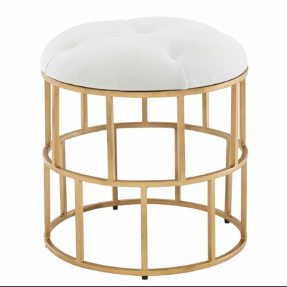 Sitzhocker Samt Weiß 44x48x44 cm Fußhocker Rund Gepolstert | Polsterhocker Klein Ottomane für Sofa Gold Chesterfield | Beinablage Stoff für Relaxsessel Wohnzimmer mit Metallgestell