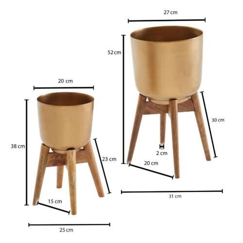 Blumentopf 2er Set Metall / Massivholz Pflanzkübel Gold mit Füßen – Bild 4