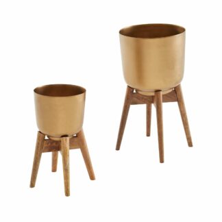 Blumentopf 2er Set Metall / Massivholz Pflanzkübel Gold mit Füßen | Design Pflanzenkübel Rund | Blumenkübel Pflanzgefäß