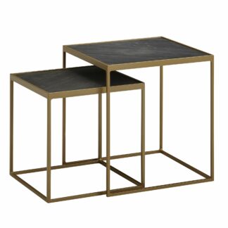 Wohnzimmertisch 2er Set Steinoptik / Metall Beistelltisch Eckig | Design Beistelltisch Industrial | Sofatisch Couchtisch Quadratisch | Tischset 2-teilig Satztisch