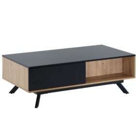 Couchtisch 110x60x38 cm MDF Eiche-Dekor / Schwarz Wohnzimmertisch | Sofatisch Rechteckig mit Stauraum | Kaffeetisch mit Schubladen | Tisch Wohnzimmer mit Metallbeine