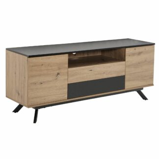 Lowboard 150x60x40 MDF Eiche-Dekor / Schwarz TV-Kommode mit zwei Türen | Design TV-Schrank Hoch | Fernsehtisch Fernsehschrank Modern | Fernsehkommode Wohnzimmer mit Stauraum