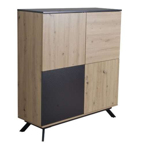 Highboard 110x125x40 cm MDF Sideboard in Eiche-Dekor / Schwarz | Kommode mit 4 Türen | Kommodenschrank Flurschrank Modern | Standschrank Anrichte mit Metallbeine