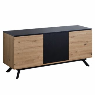 Sideboard 135x64x40 cm MDF Anrichte in Eiche-Dekor / Schwarz | Kommode mit 3 Türen | Kommodenschrank Flurschrank Modern | Standschrank Wohnzimmer mit Metallbeine