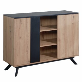 Sideboard 110x87x40 cm MDF Anrichte in Eiche-Dekor / Schwarz | Kommode mit 2 Türen | Kommodenschrank Flurschrank Modern | Standschrank Wohnzimmer mit Metallbeine
