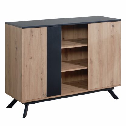 Sideboard 110x87x40 cm MDF Anrichte in Eiche-Dekor / Schwarz | Kommode mit 2 Türen | Kommodenschrank Flurschrank Modern | Standschrank Wohnzimmer mit Metallbeine