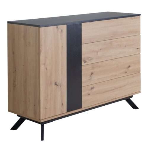 Sideboard 110x87x40 cm MDF Anrichte in Eiche-Dekor / Schwarz | Kommode mit 4 Schubladen | Kommodenschrank Flurschrank mit Tür Modern | Standschrank Wohnzimmer mit Metallbeine