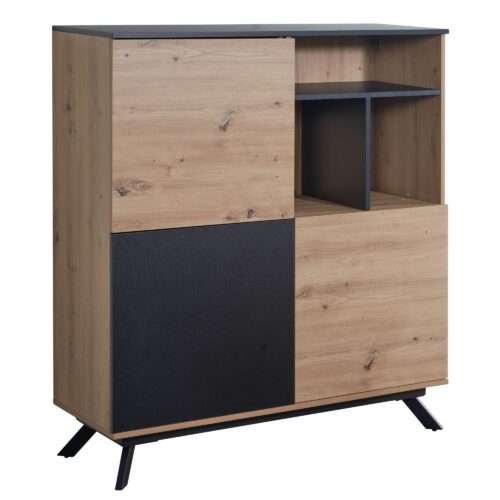 Highboard 110x129x40 cm MDF Sideboard in Eiche-Dekor / Schwarz | Kommode mit 3 Türen | Kommodenschrank mit Regal | Flurschrank Modern | Standschrank Anrichte mit Metallbeine